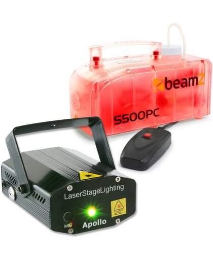 BeamZ Apollo Multipoint rode / groene laser + S500PC transparante 500W rookmachine met LED's en vloeistof