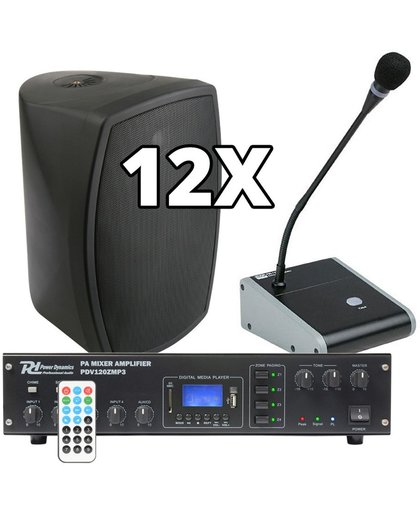Power Dynamics complete 100V muziekinstallatie / omroepinstallatie met 12 speakers, versterker en microfoon