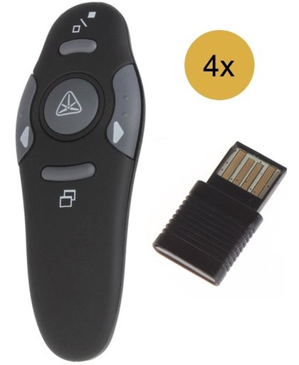 Fourpack 4 stuks draadloze presenters - Met laser pointer - Plug & play door middel van USB - Met comfortabele grip