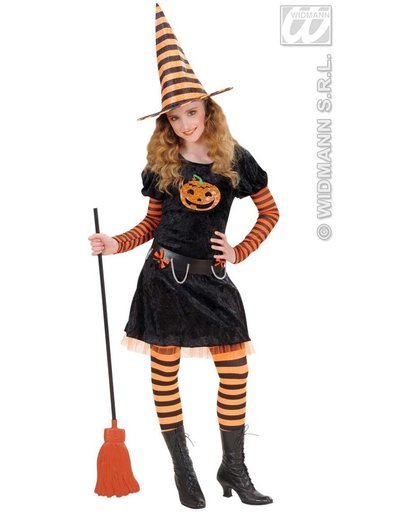 Heks & Spider Lady & Voodoo & Duistere Religie Kostuum | Halloween Heks Pompoen Kostuum Meisje | Maat 140 | Halloween | Verkleedkleding