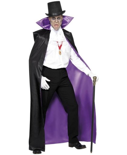 Omkeerbare cape in zwart en paars met hoge kraag - Graaf Dracula Halloween verkleedkleding