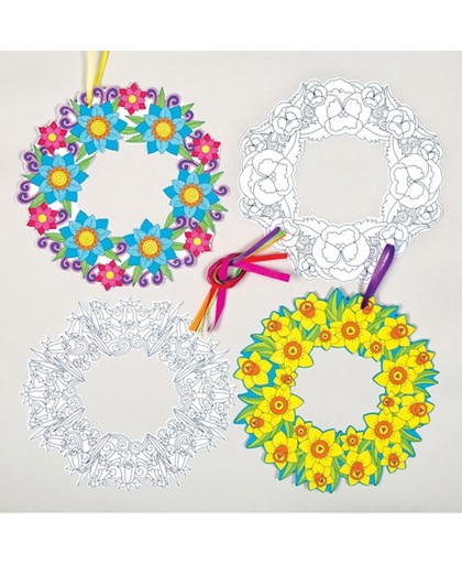 Creatieve sets met bloemenkransen die kinderen kunnen inkleuren en versieren. Kinderknutselset voor de lente/Moederdag (verpakking van 6)