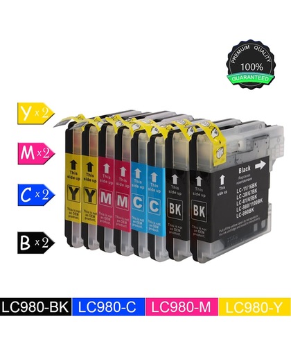 8 Compatibele inktcartridges voor Brother Brother LC980 LC1100 - MFC-6490CW,MFC-6890CDW,MFC-790CW, MFC-795CW - 2 Zwart, 2 Cyan, 2 Magenta, 2 Geel