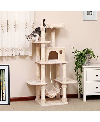 XXL Luxe Katten Krappaal | Katten Activity Center met een hangmat | Katten Klim / Krappaal | Hoogte: 154 Cm. | Kleur: BEIGE