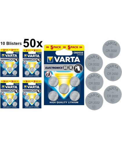 50 Stuks (10 Blisters a 5st) - VARTA CR2032 3v lithium knoopcel batterij