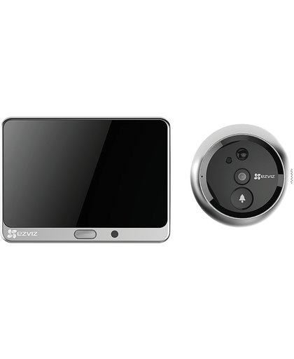 EZVIZ DP1, 720P HD WiFi-deurviewer met nachtzicht, 4,3-inch touchscreen, 2,4-GHz wifi, microfoon en luidspreker, SD-kaartsleuf, PIR-bewegingsdetectie, belknop.