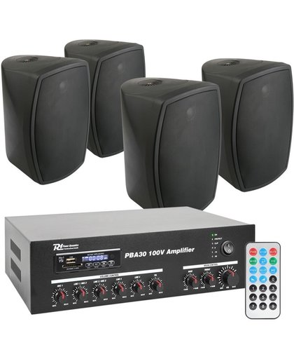 Power Dynamics PBA30 100V geluidsinstallatie met 4 zwarte weerbestendige 5" opbouw speakers