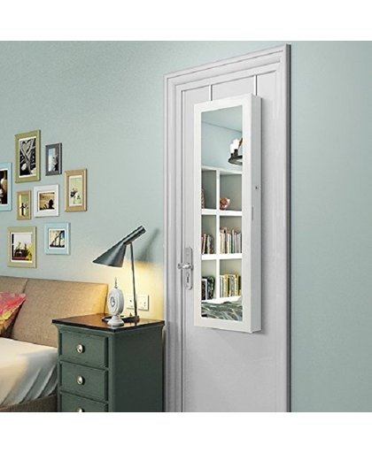 Hangende Sieradenkast voorzien van LED verlichting en Spiegel | Voor Muur- of Deur bevestiging | Afsluitbaar met Sleutel | Voorzien van 2 laden | Kleur: Wit
