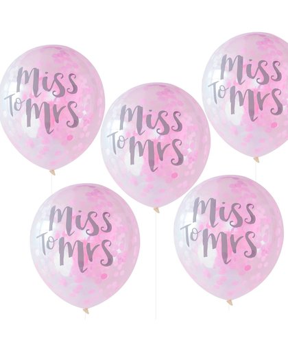 Ballonnen Miss to Mrs gevuld met roze confetti (5 stuks)