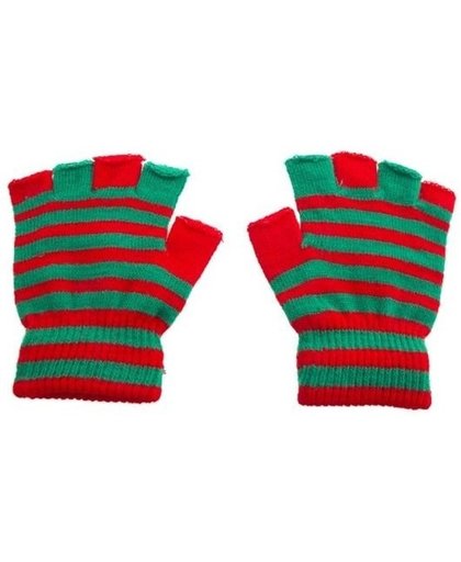Handschoenen zonder vingers rood groen - mofjes gestreept one size