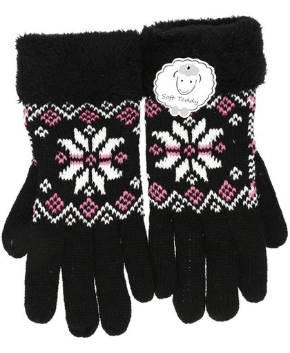 Gebreide winter handschoenen zwart met pluche voor dames