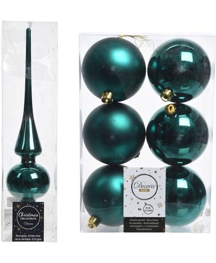 Kerstboom decoratie smaragd groen piek en 6x kerstballen 8 cm