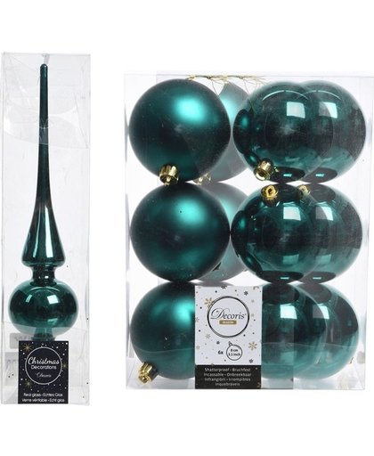 Kerstboom decoratie smaragd groen piek en 12x kerstballen 8 cm