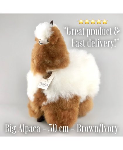 Grote Alpaca Knuffel - Handgemaakt - Bruin/Wit - 50 CM - Handgemaakt - Allergie-vrij -