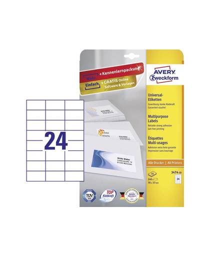 Avery-Zweckform 3474-10 Etiketten 70 x 37 mm Papier Wit 240 stuks Permanent Universele etiketten Inkt, Laser, Kopie