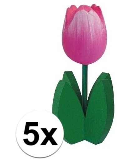 5x Decoratie houten roze tulpen - 7,5 x 14,5 cm