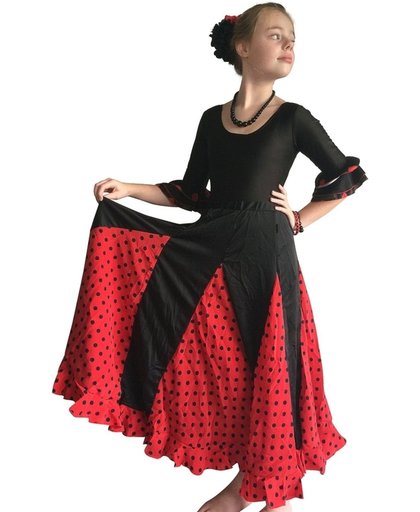 Spaanse Flamenco Rok - zwart rood met zwarte stippen voor meisjes - Maat 6 - (104-110)