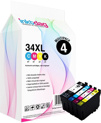Inktdag huismerk Epson 34 XL inktcartridge multipack, 4 pack (1* 34XL zwart, 1* 34XL cyaan, 1* 34XL magenta, 1* 34XL geel)