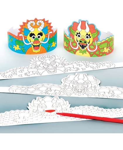 Chinese draak-kronen om zelf in te kleuren voor kinderen. Leuke knutsel- en decoratiesets voor jongens en meisjes (6 stuks per verpakking)