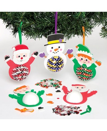 Decoratiesets met kerstfiguurtjes met lovertjes waarmee kinderen kunnen knutselen (verpakking van 3).
