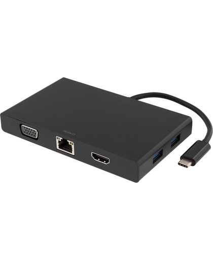 DELTACO USBC-1269 USB-C Docking station naar HDMI, VGA, RJ45, 2x USB type A, C USB-poort voor het opladen, geheugenkaartlezer, 3,5 mm, zwart