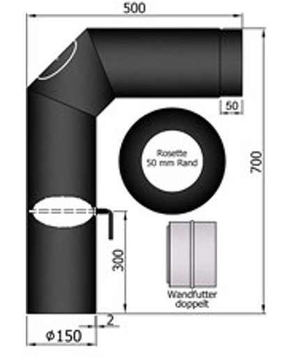 TT Kachelpijp Ø150 bocht 2 x 45° (90 graden) met deur zwart - zwart - 2mm - staal - Ø150mm