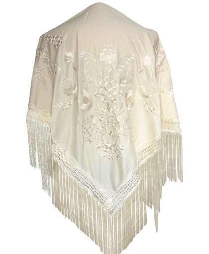 Spaanse manton - omslagdoek - creme wit met witte bloemen Large bij verkleedkleding of Flamenco jurk