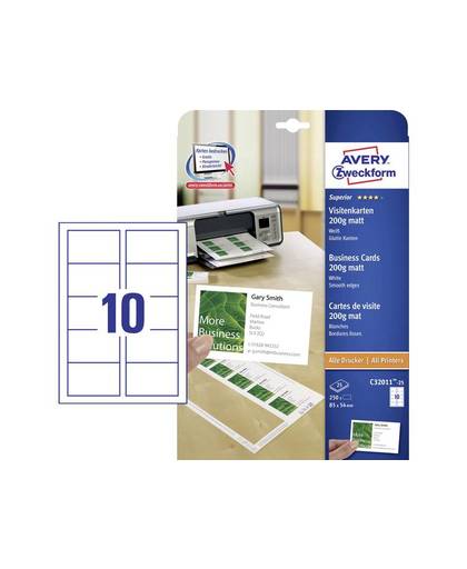 Bedrukbare visitekaarten, gladde kant Avery-Zweckform C32011-25 85 x 54 mm Wit 250 stuks