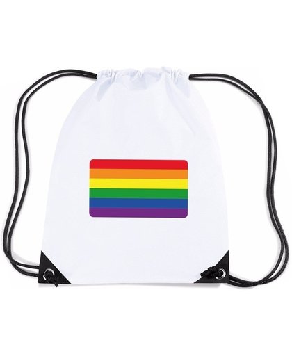Regenboog nylon rijgkoord rugzak/ sporttas wit met Regenboog vlag