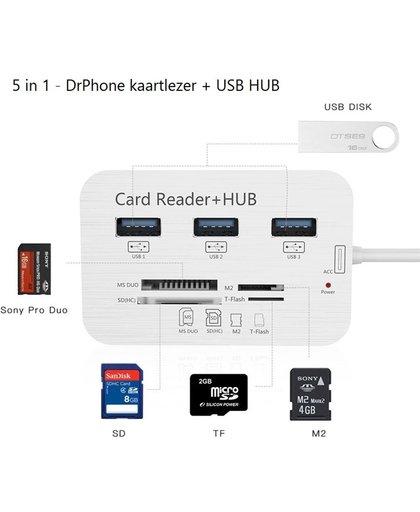 Multi Type-C naar USB3.0 HUB Splitter -  1x SD / 1x Micro SD / 3x USB 3.0 / 1x MS duo / 1x M2 Kaartlezer + Hub Card Reader Geschikt voor o.a. Apple MacBook Air PC Notebooks / Ultrabook