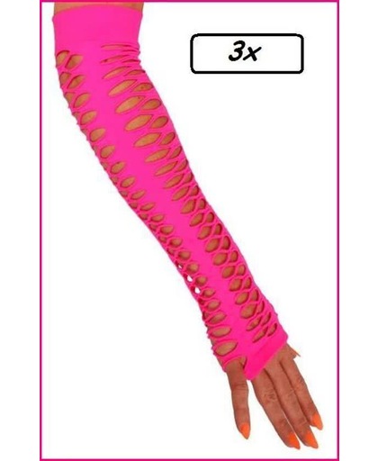3x Handschoenen vingerloos grote gaten pink 40 cm