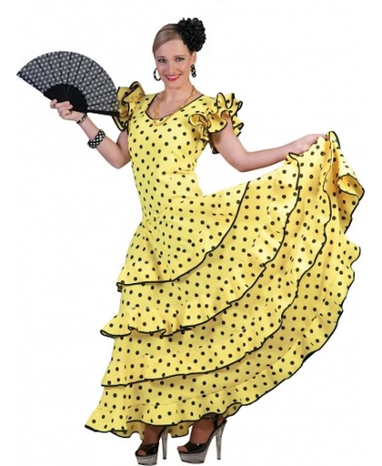Spaanse flamencojurk geel met zwarte stippen 36-38 (s/m)