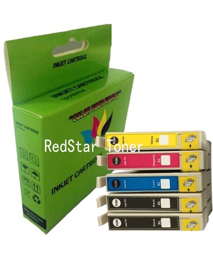 5 Pack Compatible Epson T1301/T1302/T1303/T1304 BK*2/C*1/M*1/Y*1 inktcartridges, 5 pak met chip. 2 Zwart, 1 Cyaan, 1 Magenta, 1 Geel