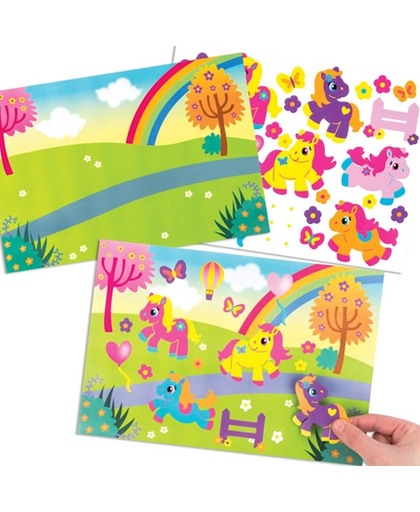 Een vel met een landschap met regenboog en ponystickers voor kinderen om te ontwerpen, maken en op te hangen – creatieve stickerknutselset voor kinderen (verpakking van 4)