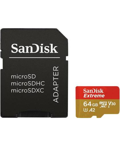 SanDisk ExtremeÂ® Action Cam microSDXC-kaart 64 GB Class 10, UHS-I, Class 3 UHS-I , v30 Video Speed Class A2-vermogensstandaard, incl. SD-adapter