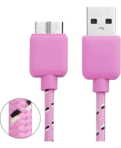 Nylon gevlochten Micro USB 3.0 Data Transfer / Laad Sync Kabel voor Samsung Galaxy Note III / N9000, Galaxy S5 / G900, Lengte: 3m (roze)