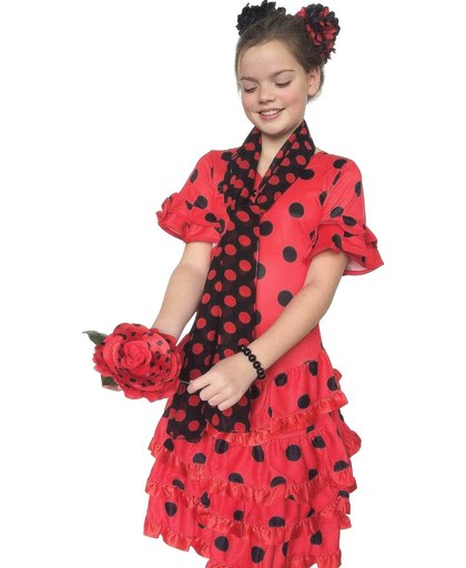 Spaanse jurk - Flamenco - Deluxe - rood zwart - kledingmaat 128/134 (10) - verkleedkleding
