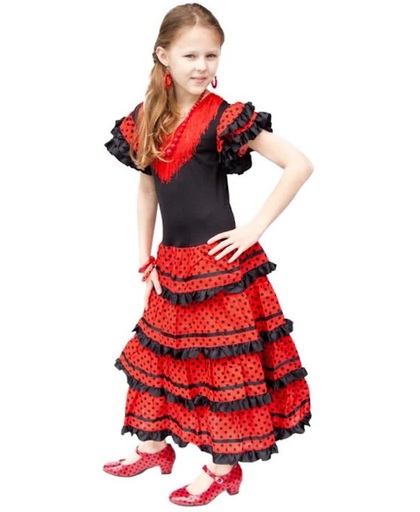 Spaanse jurk - Flamenco - Zwart/Rood - Maat 152/158 (14) - Verkleed jurk