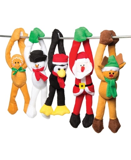 Hangende pluchen kerstvriendjes. Knuffeldieren voor kinderen om mee te spelen. Perfect cadeautje voor in de kerstsok of in tasjes voor winterse feestjes (5 stuks)