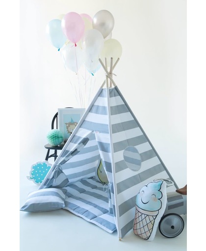 Tipi Tent - Speeltent - Tent -Wigwam - Wit / Grijs gestreepte Tipi - Inclusief Speelmat & Kussensloop