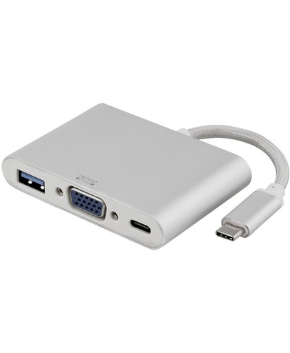 DELTACO USBC-1079 USB-C naar VGA en USB A adapter, USB-C-poort voor opladen, 1080P, USB 3.1 Gen1, aluminium, zilver