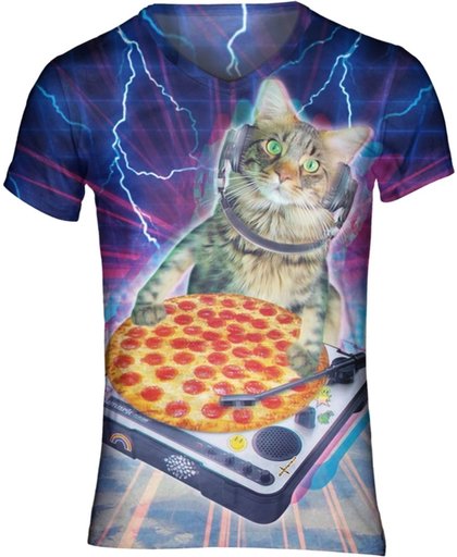 Pizza DJ Kat t-shirt Maat: L  V-hals