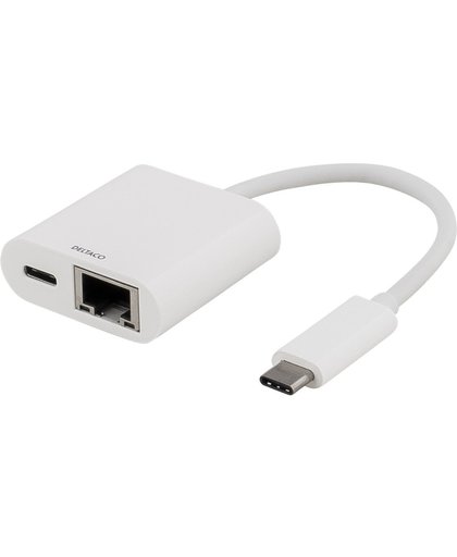 DELTACO USBC-GIGA2 USB-C naar Gigabit Ethernet RJ45 10/100/1000 Mbit en USB-C power (3A 60W) adapter wit