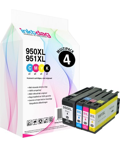 Inktdag Huismerk Compatibel Inktcartridge / Alternatief voor HP 950XL en 951XL BK, C, M, Y cartridges, Zwart, Cyaan, Magenta en Geel - Set 4 stuks