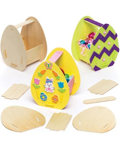 Sets voor houten mandjes voor paaseieren   Leuke knutsel- en decoratiesets voor jongens en meisjes (3 stuks per verpakking)