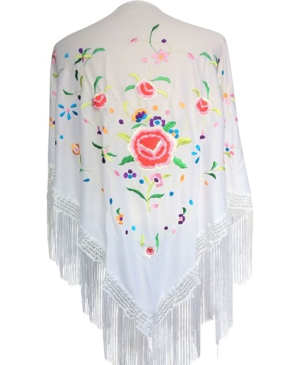 Spaanse manton - omslagdoek - wit met gekleurde bloemen bij verkleedkleding of Flamenco jurk