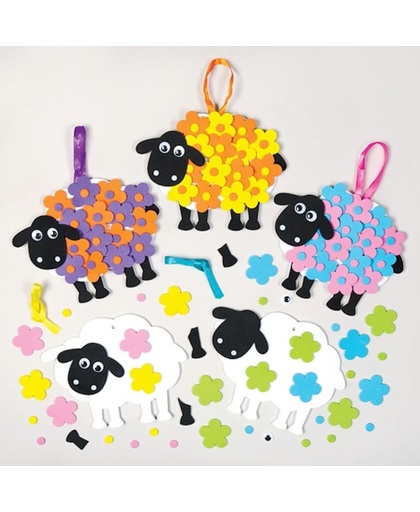 Decoratiesets gebloemd schaap die kinderen kunnen maken en versieren. Creatieve kinderknutselset voor de Pasen/lente (verpakking van 5)