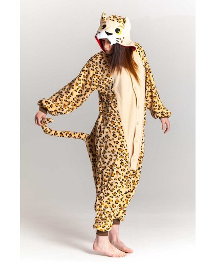 KIMU onesie cheetah pak luipaard panter kostuum - maat M-L - panterpak jumpsuit huispak