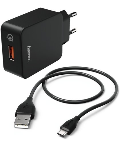 Hama Opladerset Micro USB 3 A Oplader QC 3.0 + Micro-USB-Kabel 1,5 M Zwart
