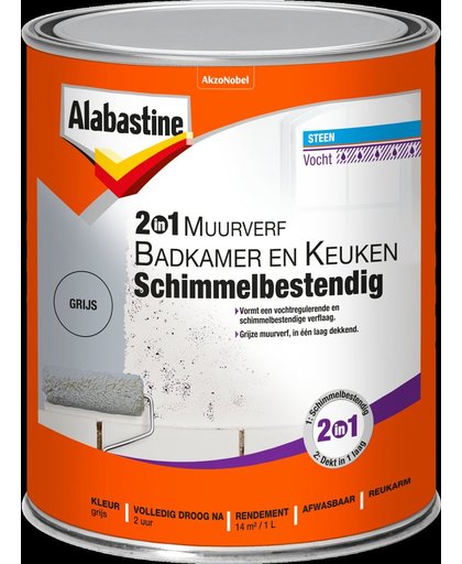 Alabastine Bad & Keuken 2 in 1 muurverf grijs 1000 ml